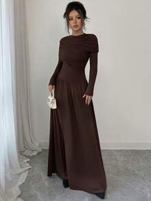Women's Elegant Long Sleeve Dress With Ruched Waist And A-Line Silhouette, Coffee Color, Suitable For Spring, Summer, Autumn, Winter, Elegant, Everyday, Commute, Party, Date, Ramadan - Coffee - View 6