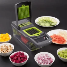 Set di utensili da cucina multifunzionali 14-in-1, include tritatutto manuale per verdure, affettatrice per frutta, grattugia per alimenti, tritatutto per cipolle e grattugia per patate con contenitore, ottimo per grigliate e cottura all'aperto