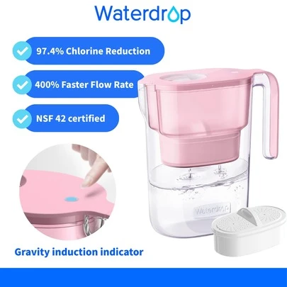 Waterdrop Elfin vattenfilterkanna för kylskåp med 1*90-dagars filterpatron, minskar fluorid, klor med mera, 2,5 l, NSF-certifierad, BPA-fri, rosa (ersättningsfilter: WD-PF-01A Plus)