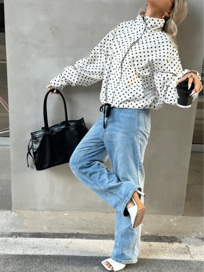 Spring & Summer Casual Elegant Vacation White Polka Dot Bomber Jacket, Short Cropped Streetwear Y2K Style Sporty Jacket For Girls