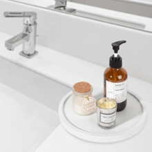 1 pieza Bandeja decorativa redonda, organizador de encimera de baño de madera, decoración de cocina rústica, elevador de madera para plato de jabón, perfume, vela, esponja, 9 pulgadas