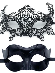2 件黑色蕾丝和塑料情侣化妆舞会面具，适合男女参加化妆舞会、派对万圣节