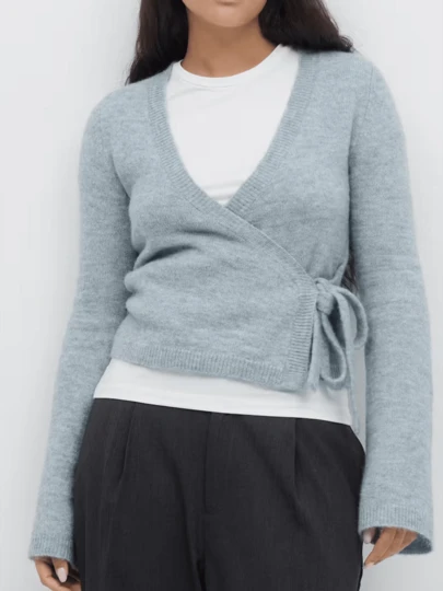 Women Wrap Tie Front Cardigan V Neck Slim Fitted Sweater Fall Winter Casual Knitwear Tops