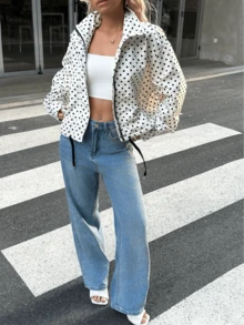 2026春夏白色波点上衣飞行员夹克女长袖拉链短外套街头风Y2K女孩外套情人节休闲女装外套 - 白色 - 查看 2