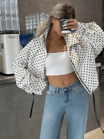 Spring & Summer Casual Elegant Vacation White Polka Dot Bomber Jacket, Short Cropped Streetwear Y2K Style Sporty Jacket For Girls