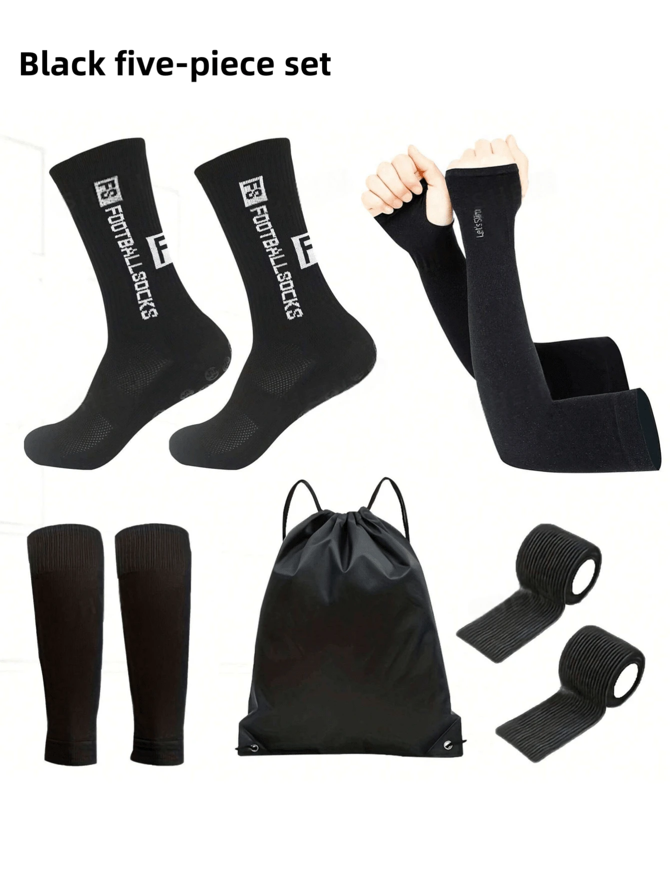 5 buc/set șosete de fotbal până la jumătatea gambei + mâneci de protecție solară + huse de protecție pentru șosete + curele sport + rucsac cu șnur, șosete adezive antiderapante pentru antrenament profesional pentru bărbați și femei, potrivite pentru jocuri cu mingea, activități în aer liber pentru alergare