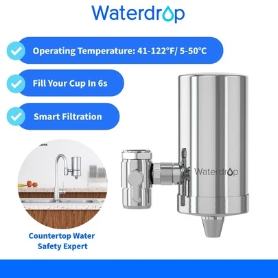 Waterdrop WD-FC-06 Vattenfilterkran gjord av rostfritt stål, kolblockvattenfiltersystem, kranvattenfilter, tar bort klor, tungmetaller och dålig smak (1 filter ingår)