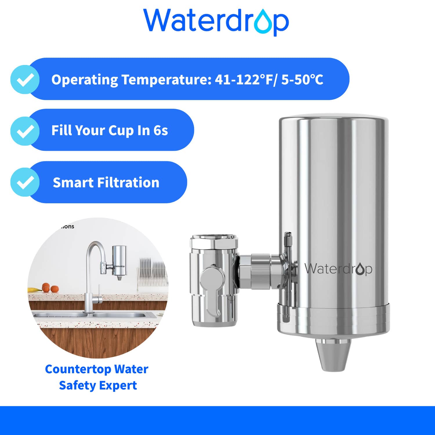 Waterdrop WD-FC-06 Grifo con filtro de agua de acero inoxidable, sistema de filtro de agua con bloque de carbón, filtro de agua del grifo, elimina cloro, metales pesados y mal sabor (1 filtro incluido)