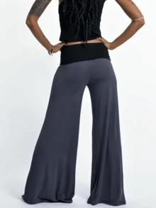 Women Fold Over Yoga Pants Low Rise Flare Leggings Stretchy Wide Leg Pants Lounge Sweatpants Streetwear - 深色水洗藍 - 查看 1