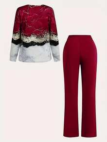 大码优雅 V 领花卉印花长袖 T 恤和长裤两件套，休闲