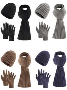 3 件套男士时尚简约纯色条纹针织帽、围巾和手套套装，秋冬季温暖户外运动休闲旅行配件（送给丈夫或男朋友的完美礼物）冬季保暖