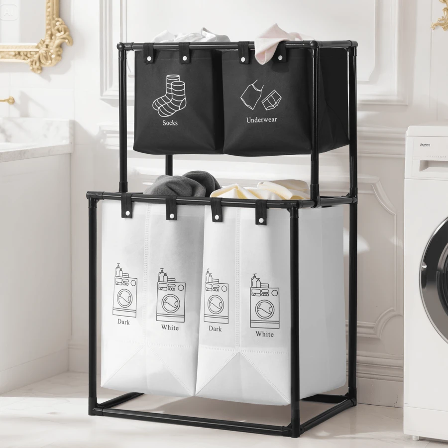Senmeo Upgraded 2-Tier Divided Laundry Hamper - 4 Removable Canvas Bags (Wear-Resistant & Waterproof) - Easy To Assemble - Ideal For Storing Family Clothes, Bedding, Cotton Items - Laundry Basket & Toy Organizer - trắng - Xem 1