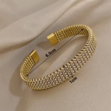 VKHK 1 Pc Vintage 18K Gold Plated Stainless Steel 5/10/15MM Braided Mesh Open Bracelet For Women Daily Party Wear Jewelry Gift