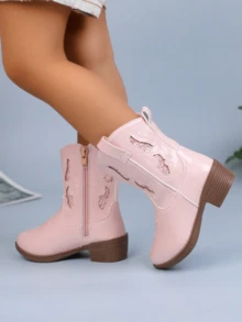 1双女童闪亮中筒粗跟复古西部牛仔切尔西靴，公主街头时尚踝靴 - 粉色 - 查看 2