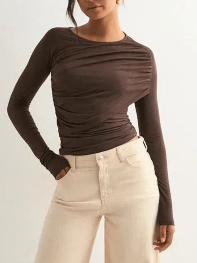 Autumn Clothes The Shoulder Tops For Women Long Sleeve Shirts Asymmetrical Neck Ruched Going Out Tops Y2K Slim Fit Fall Top