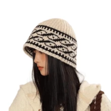 1 件 2025 新款冬季针织帽女士男士羊毛面料格子几何图案骷髅帽 Ins 奢侈品牌 Y2k 帽子厚重保暖渔夫帽软呢帽休闲帽 - 菱形 - 查看 20