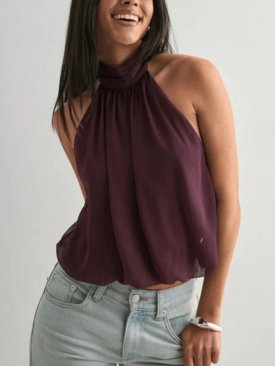 Women's Summer Solid Pleated Halter Neck Sleeveless Chiffon Blouse Tops - 紫色 - 查看 1