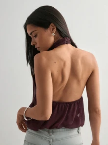 Women's Summer Solid Pleated Halter Neck Sleeveless Chiffon Blouse Tops - 紫色 - 查看 4