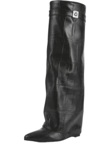 Luxury Fashion Women Fold Over Pointy Pull-On Shark Boots Women Wide Calf Padlock Boots Nightclub Elegant Shoes - 黑色石頭紋 - 查看 7