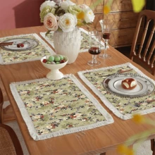 1 pieza Mantel individual con patrón floral de lino con flecos, tapete de mesa de comedor lavable, decoración del hogar, superficie de mesa, posavasos, tapete de cocina y comedor, decoración de fiesta interior y exterior, regalo ideal
