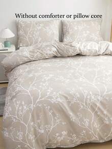 2/3 件/套枝叶花卉图案印花床上用品羽绒被套套装，无填充物，透气超柔软四季被套套装（1 件羽绒被套 + 1/2 件枕套，无枕芯），柔软双色双面设计床上用品套装，非常适合卧室、客房、宿舍，可机洗特大号双人床尺寸，背面学校床上用品拉绒超细纤维学生宿舍装饰，情人节、婚礼、女孩礼物 - 卡其色 - 查看 7