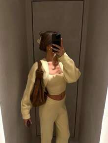 MORI 米黄色针织两件套，时尚简约优雅裤装，适合日常穿着、通勤及新年等场合，春秋季 - 黃色 - 查看 4