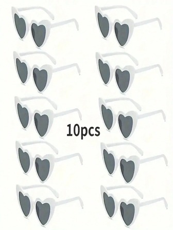 10pcs Unique Heart-Shaped Fashion For Men And Women, Retro Heart Shaped Stylish Glasses - White Frame With Grey Lens, Suitable For Weddings, Parties And Photo Props, Eyewear Accessories, Festivals, Weddings, Birthdays, Parties, Street Photography Decoration Sweetheart Glasses, Great For Casual Outings, Club Activities And Holiday Events, Fun Design, Adorable Glasses