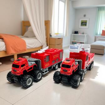多种颜色工程车辆玩具套装 - 包括自卸卡车、救援车、消防车、惯性动力推拉玩具车，适合儿童、生日、圣诞节、节日礼物