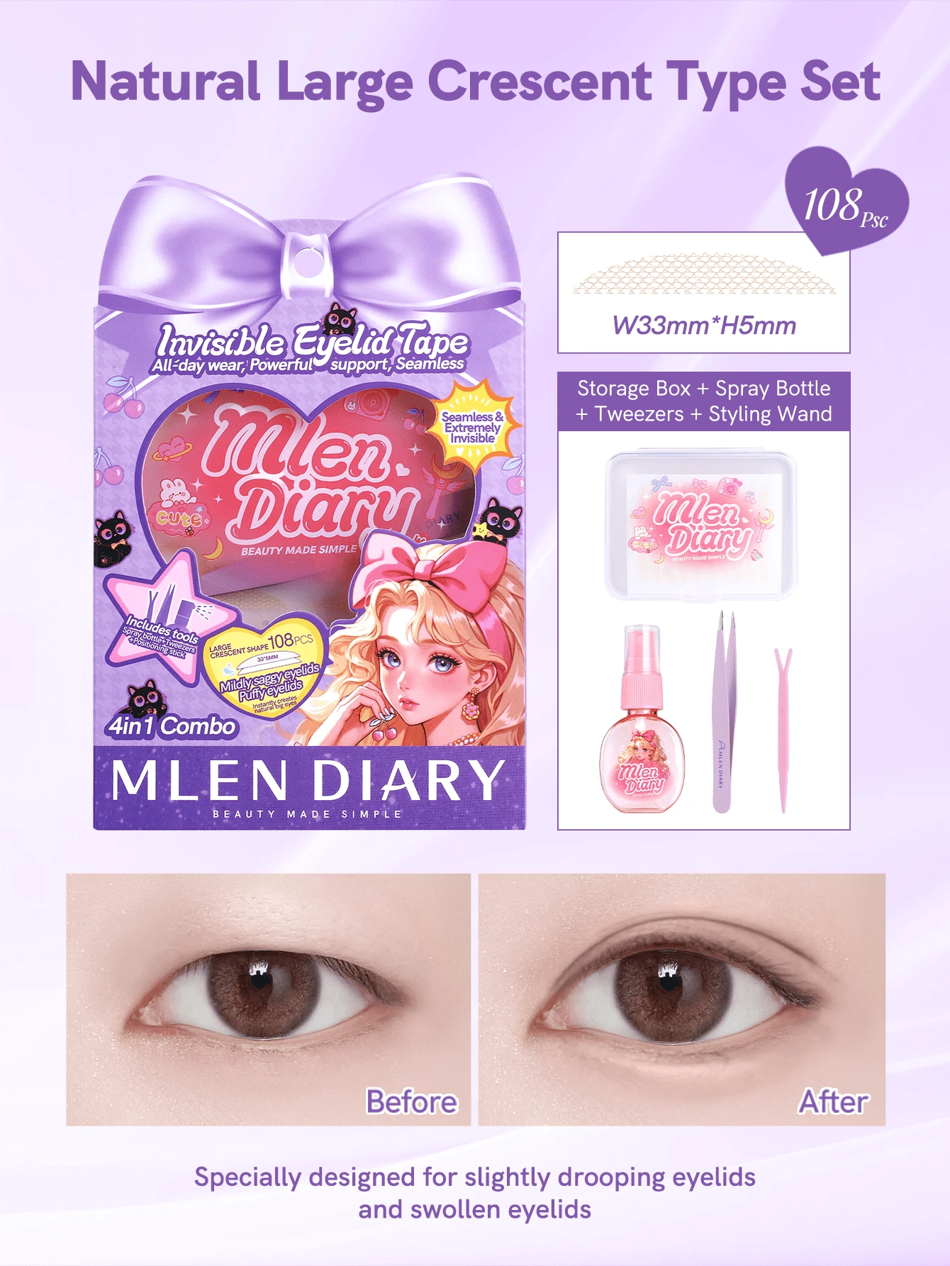 Mlen Diary Double Eyelid Tape , 108Pcs Parallel Shape Invisible Eyelid Tape With Tools, Waterproof Long-Lasting Eyelid Lifter Strips For Creating Double Eyelids In Drooping And Asymmetrical Eye Shapes - Apricot - View 1