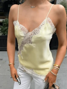 Women's Lace Trim Asymmetrical Camisole Spaghetti Strap V - Neck Satin Tank Top Casual Party Wear - Màu vàng - Xem 2
