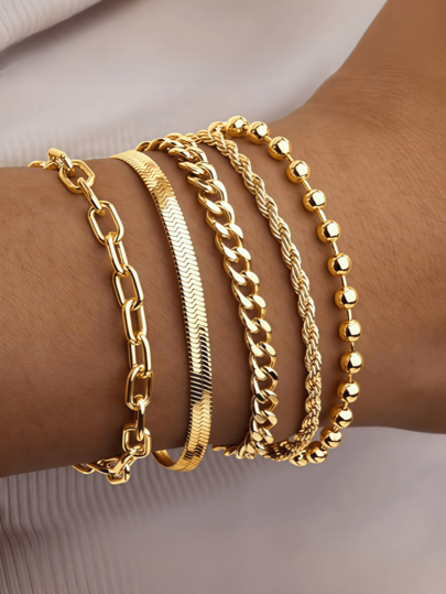 5pcs 18K Gold Plated Stainless Steel Women's Bracelets Set, Includes Curb Chain, Braided, Paper Clip, Flat Snake, Stackable Gold Tone Bracelets, Bohemian Style, Elegant Jewelry