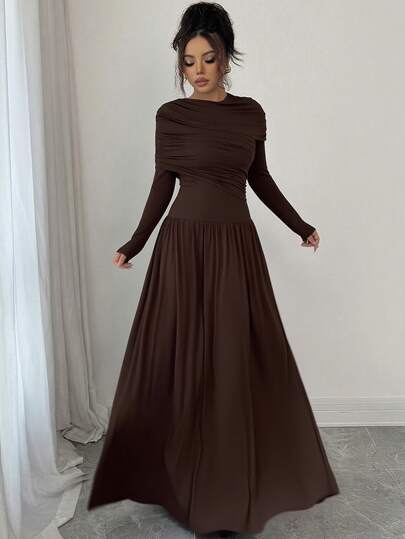 Women's Elegant Long Sleeve Dress With Ruched Waist And A-Line Silhouette, Coffee Color, Suitable For Spring, Summer, Autumn, Winter, Elegant, Everyday, Commute, Party, Date, Ramadan
