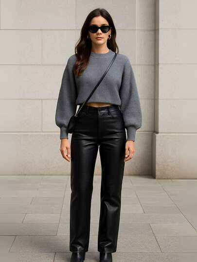 Grenj Fashion Relaxed/Loose Fit Faux Leather Pants With Seam Details, Solid Color Casual Elegant Office Wear With Ribbed Waistband And Zipper