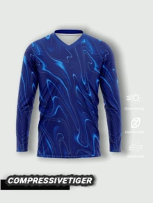 Chelsea Blue Swirl Pattern Long Sleeve Football Jersey - Customizable With Name, Number And Team | Soft Breathable Fabric, Comfortable All Day | Eye-Catching Abstract Blue Swirl Pattern, Showcases Modern Dynamism | Ideal For Players Wanting To Express Their Personal Style On The Pitch