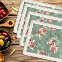 1 pieza Mantel individual con patrón floral de lino con flecos, tapete de mesa de comedor lavable, decoración del hogar, superficie de mesa, posavasos, tapete de cocina y comedor, decoración de fiesta interior y exterior, regalo ideal