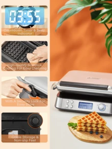 1600W Belgian Waffle Maker, Double Waffle Maker With LED Display, 5 Different Programmes, 7 Browning Controls, Countdown Timer, Audible Alerts, Stainless Steel (Silver) - UK Plug(220-240V) - View 6