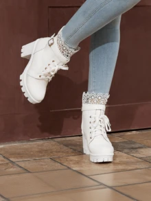 Women's Gothic Lace Up Ankle Booties Chunky Platform High Heel Boots Block Heel With Zipper Buckle Fashion Boots Party Dress Wedding Daily Commute Halloween Christmas Punk Boots For Women - trắng - Xem 3