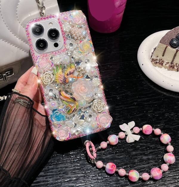 Funda para iPone 17/16/15/14/13/12/11 Series pulgadas, funda de lujo con purpurina de cristal, lindo color 3D, flores de peonía, hecha a mano, para mujeres y niñas, con cordón para pulsera