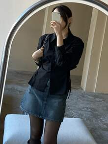 Color Sólido Señoras Cintura Corbata Slim Lapel Single Breasted Camisa Manga Larga Ocasión Formal - Negro - Ver 6