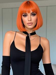 万圣节橙色假发短鲍勃假发女士短直发假发带刘海柔软天然合成耐热假发适用于派对万圣节假发角色扮演狂欢节假发 12 英寸 - 橘色 - 查看 2