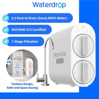 Waterdrop G2P600 Reverse Osmosis Water Filter System, 8000 Liters, 2:1 Pure Water, Tankless, Decalcification System RO System Under The Sink