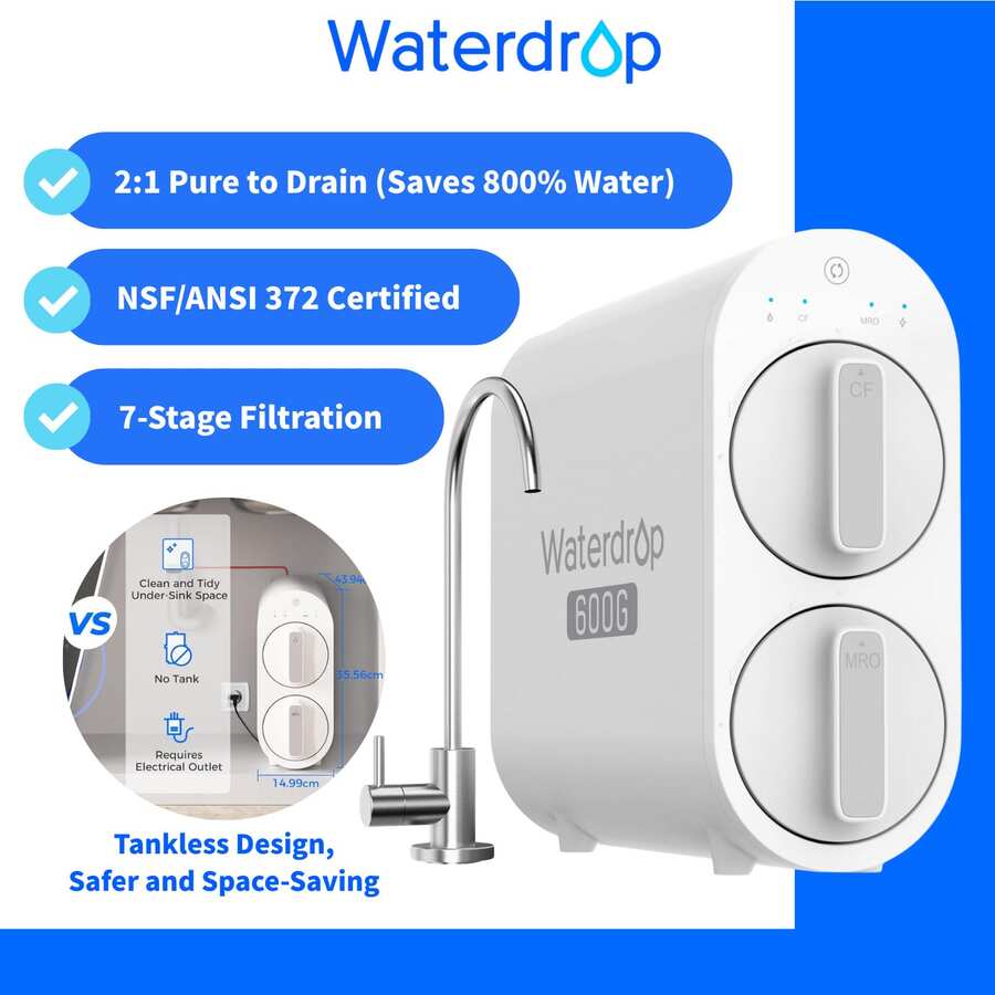 Waterdrop G2P600 Reverse Osmosis Water Filter System, 8000 Liters, 2:1 Pure Water, Tankless, Decalcification System RO System Under The Sink - White - View 1