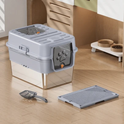 Caja de arena para gatos de acero inoxidable totalmente cerrada, extra grande, a prueba de salpicaduras, con desodorización, con valla elevada y tapa abatible, juego de almohadilla para caja de arena, elimina olores, a prueba de salpicaduras, tipo cajón, artículos para gatos