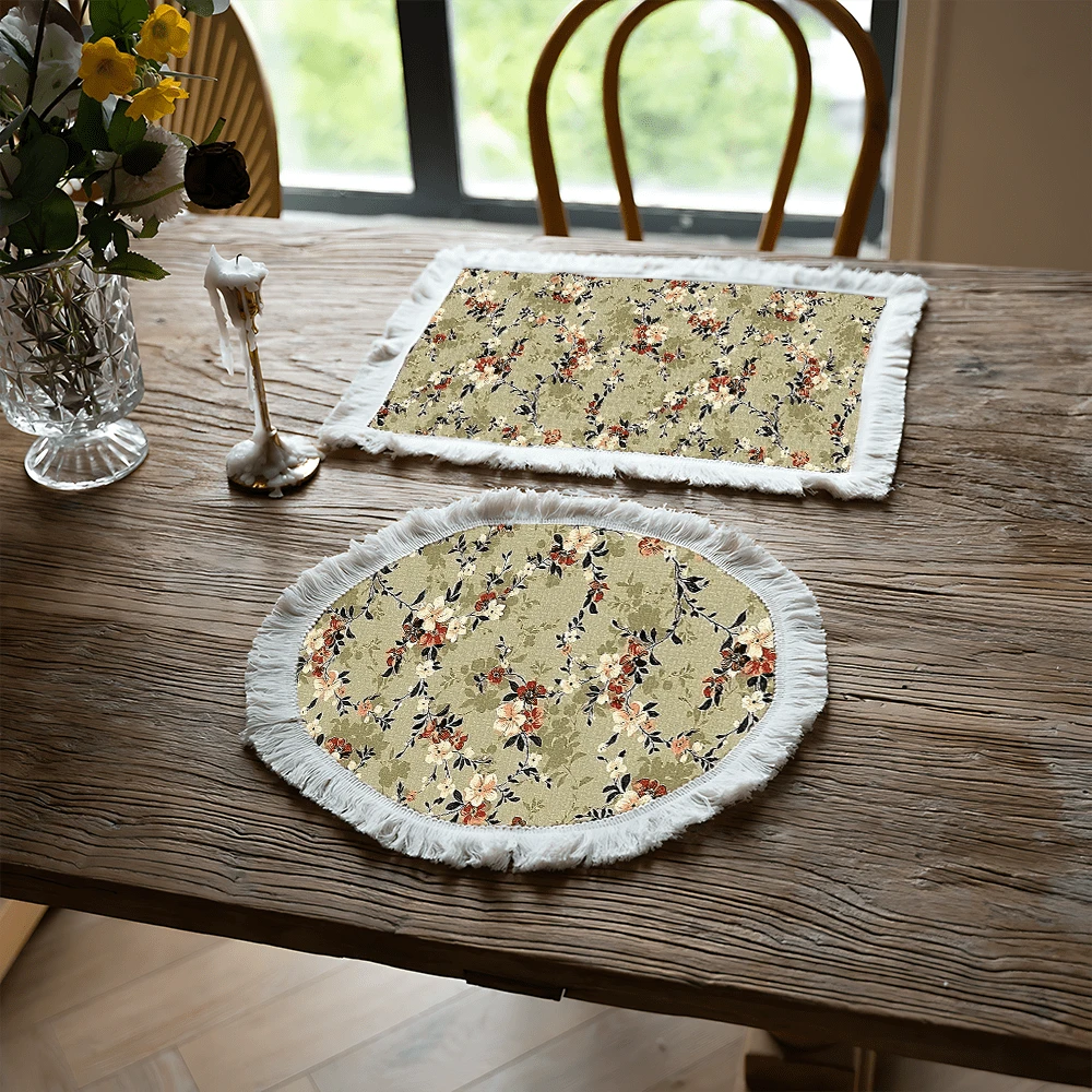1 pieza Mantel individual con patrón floral de lino con flecos, tapete de mesa de comedor lavable, decoración del hogar, superficie de mesa, posavasos, tapete de cocina y comedor, decoración de fiesta interior y exterior, regalo ideal
