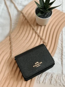 Coach Mini Wallet On A Chain In Metallic Crossgrain Leather Ladies Small Bag And Purses For Women Lightweight Purse, Mini Bag,Gift For Women,Nice Choice For 2026 Mother's Day Gift - màu đen - Xem 6