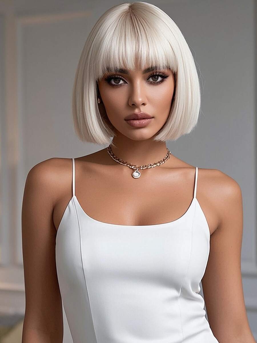 Charming Blonde Wig Short Bob Wig Women's Short Straight Wig With Bangs Soft Natural Synthetic Heat Resistant Wig For Party Halloween Wig Cosplay Carnival Wig 12 Inch