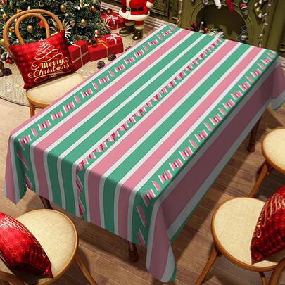1/20 Pcs Christmas Tablecloth, Pink Green And White Striped Pattern Print Design Tablecloth, Polyester Fabric, Woven, Rectangular Tablecloth, Festive Home And Kitchen Decoration, Christmas Festive Tablecloth, Christmas Home Decoration