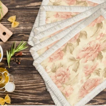 1 pieza Mantel individual con patrón floral de lino con flecos, tapete de mesa de comedor lavable, decoración del hogar, superficie de mesa, posavasos, tapete de cocina y comedor, decoración de fiesta interior y exterior, regalo ideal