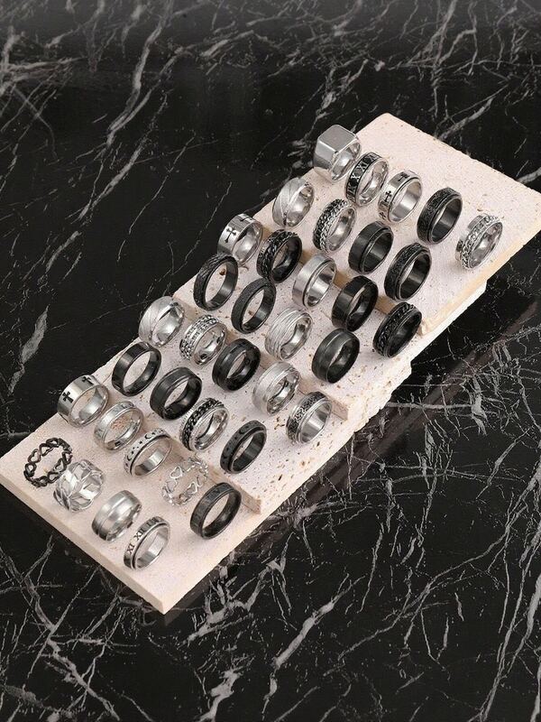 1-100pcs Fashion Minimalist Stainless Steel ECG Letter Stripe Silver/Gold/Colorful Rotatable Stress Relief Rings, Suitable For Men's Daily Wear, Halloween, Christmas Gifts, Random Style & Size