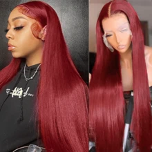 8-34 Inches Burgundy 99J Brazilian Long Straight Wigs 13x4 Lace Front Wig Wine Red Color Straight Wig Pre Plucked 200% Density Straight 13x4 HD Transparent Lace Frontal Glueless Wig Bralizian Virgin Hair Tiny Knots Natural Hairline With Baby Hair Halloween Wigs For Women